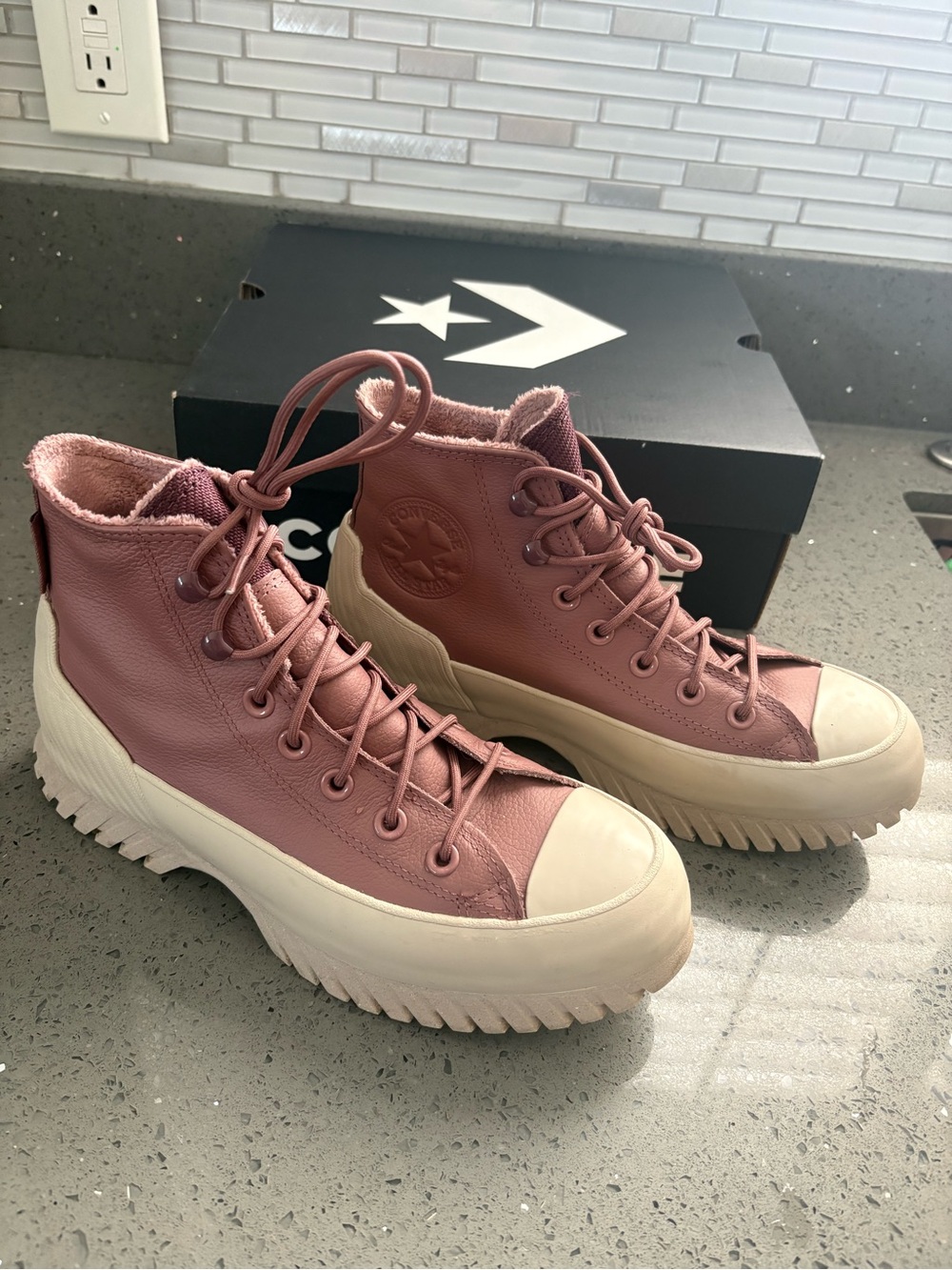 Converse Pink Leather High-Top Platform Sneakers - Picture 1 of 6